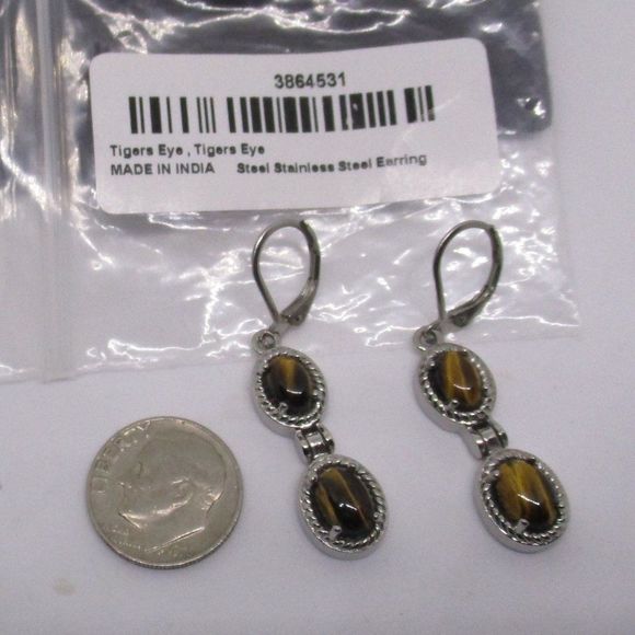 South African Tiger's Eye Dangle Earrings in Stainless Steel 4.60 ctw - Picture 7 of 7